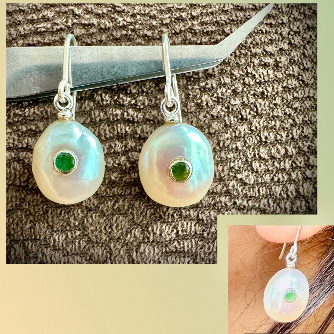 White & Green Pearl Drop Earrings