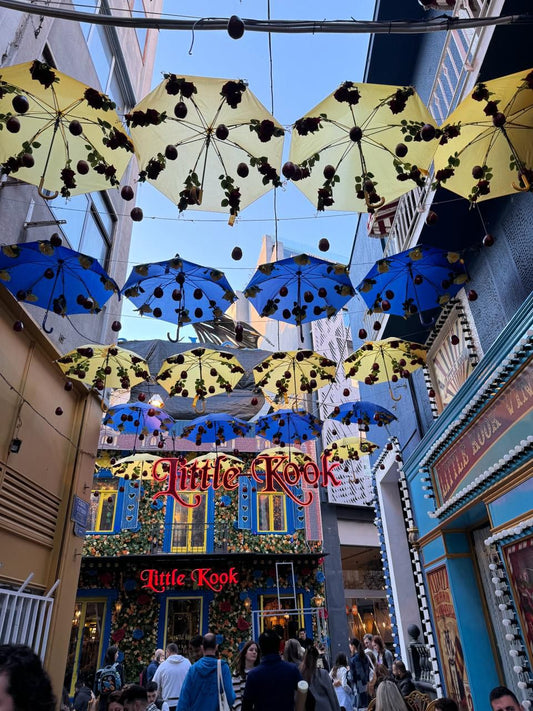 Travel inspired fashion colorful umbrella street design inspiration