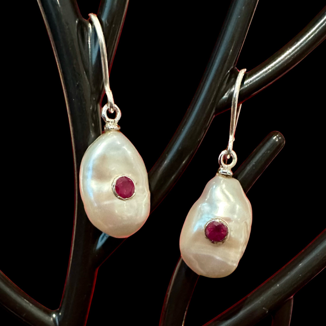 Embedded Ruby Stone Pearl Drop Earrings