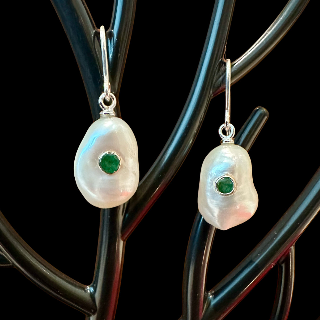 Embedded Emerald Stone Pearl Drop Earrings