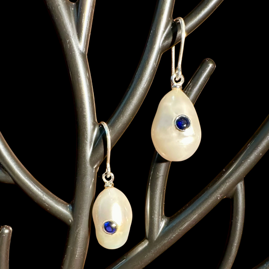 Embedded Sapphire Stone Pearl Drop Earrings