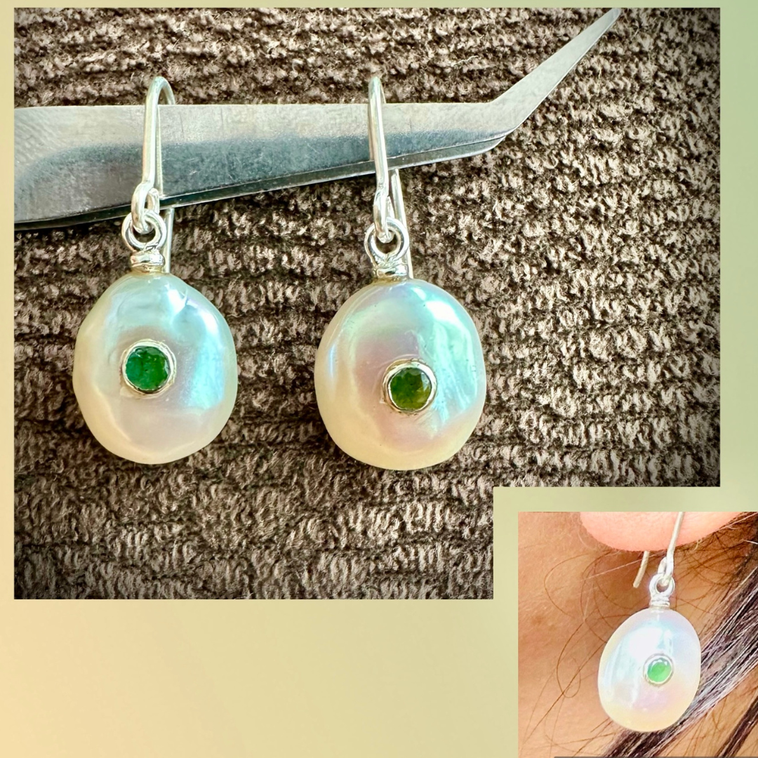 White & Green Pearl Drop Earrings 