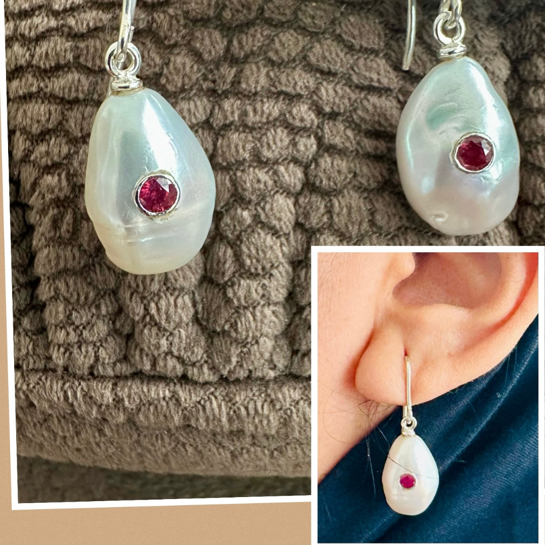 White & Red Pearl Drop Earrings