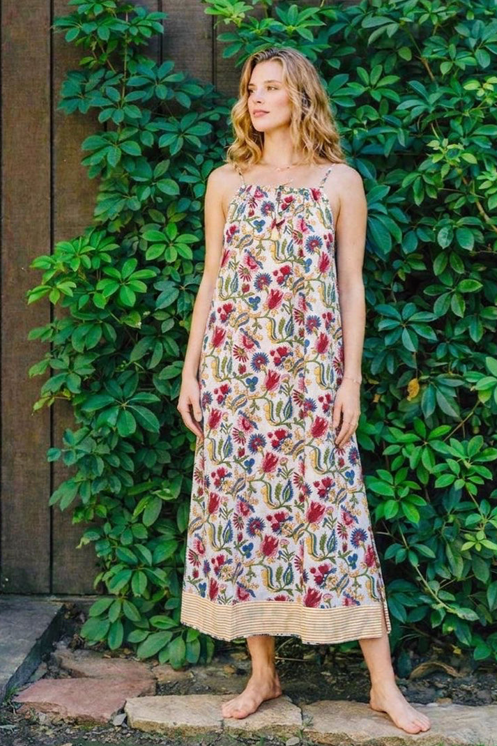 Beige floral cotton spaghetti dress