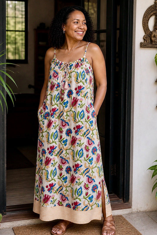 Beige floral cotton spaghetti dress