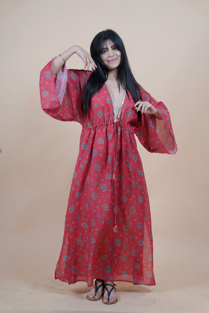 Long Kaftan - Crimson Red Elegance