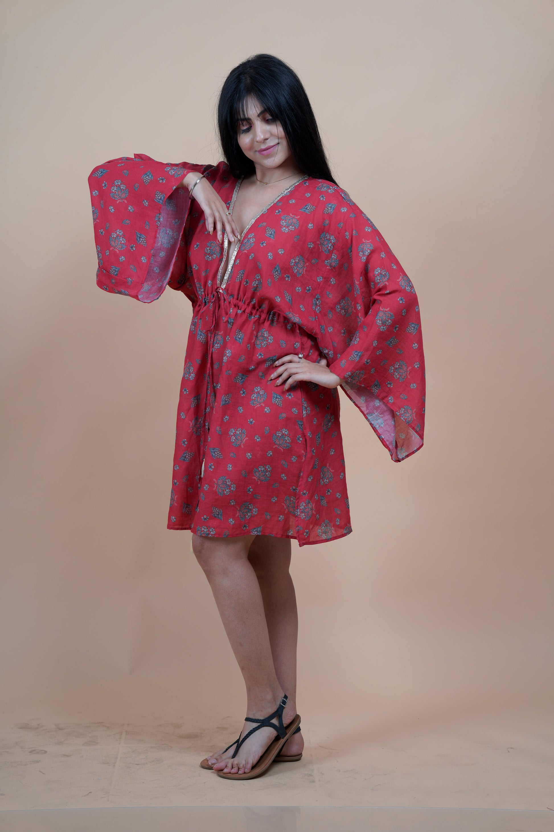 Crimson Red Short Kaftan for Beachwear