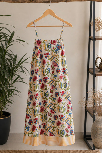Beige floral cotton spaghetti dress