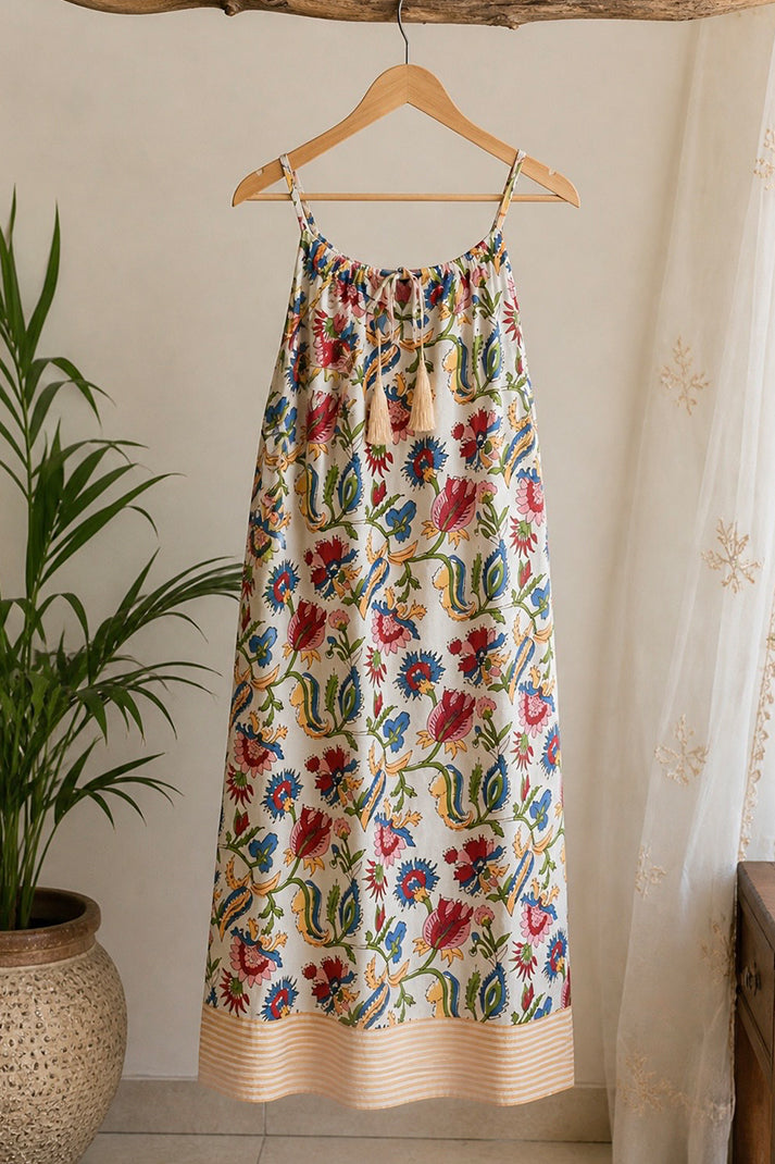 Beige floral cotton spaghetti dress