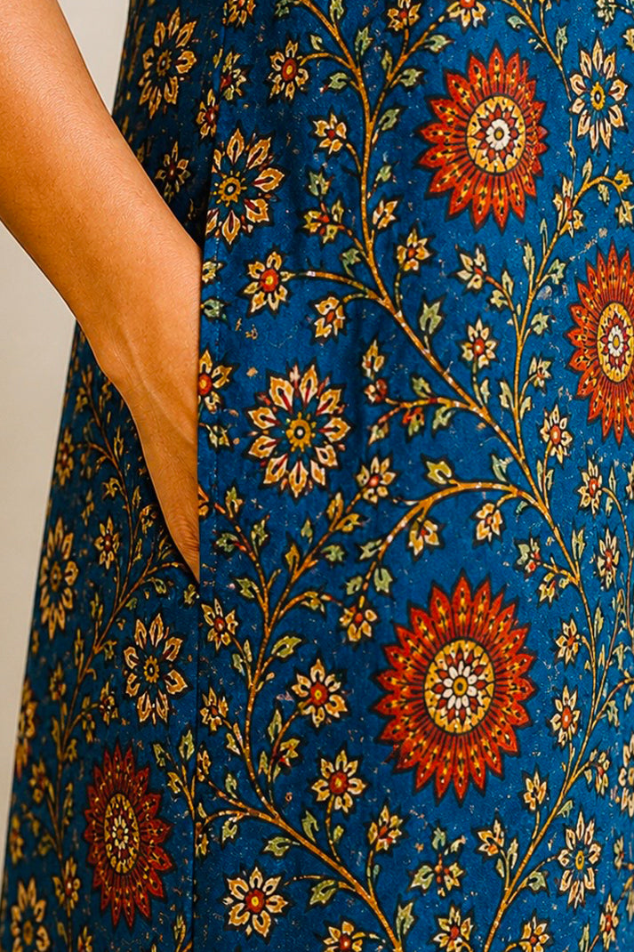 Floral Blue Cotton Spaghetti Dress