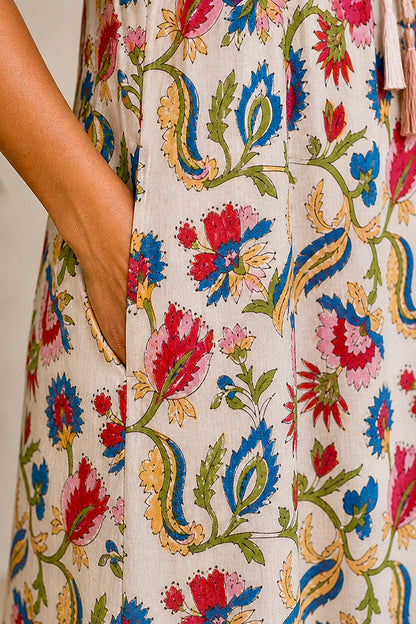 Beige floral cotton spaghetti dress