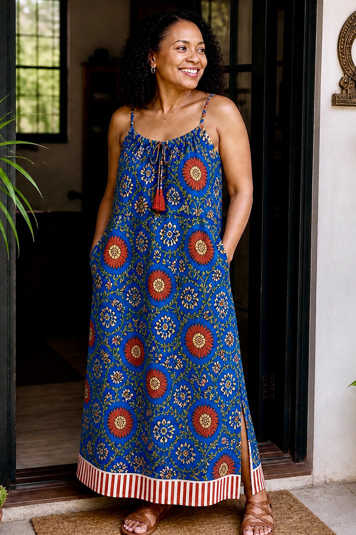 Floral Blue Cotton Spaghetti Dress