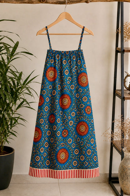 Floral Blue Cotton Spaghetti Dress