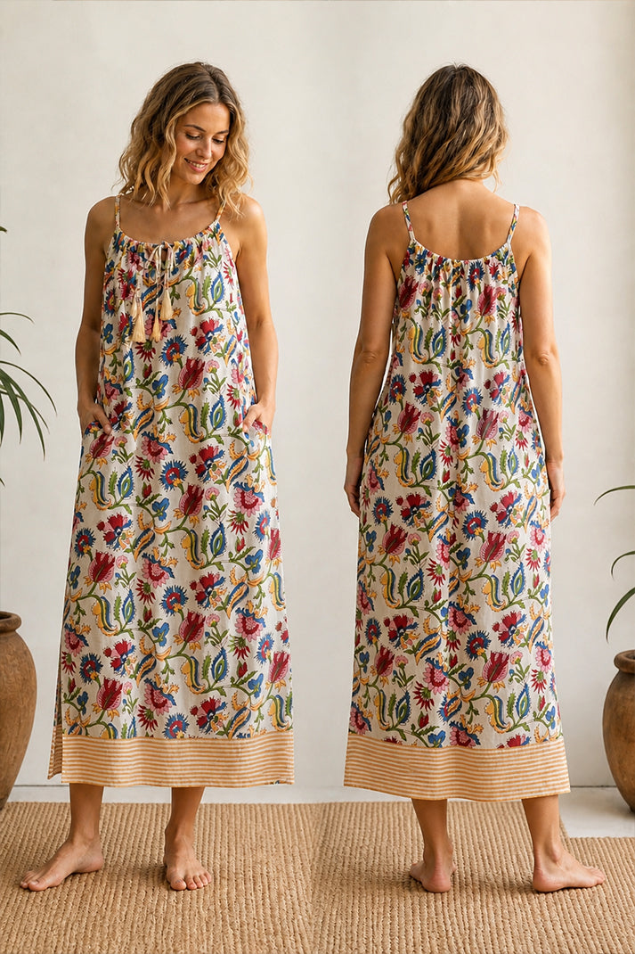 Beige floral cotton spaghetti dress